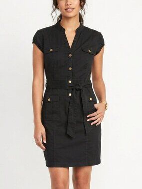 Sleeveless Black Tie-Waist Mini Dress with Gold Buttons
